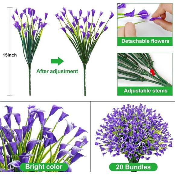 20 Bundles Artificial Flowers for Outdoors Fake Calla Lily Flowers, Purple - Picture 4 of 7
